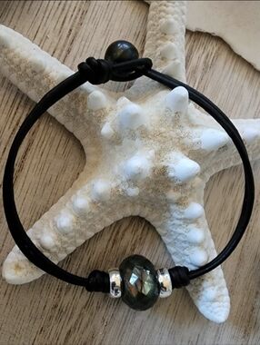 Bracelet labradorite bead bangle sterling silver black natural Tahitian Pearl